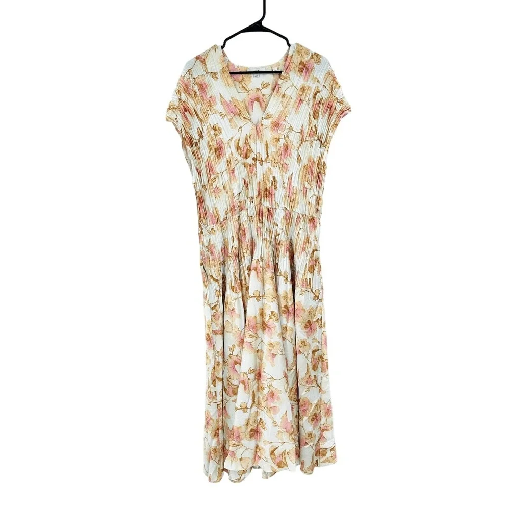 Vince Floral Print Plisse V-Neck Cap Sleeve‎ Midi Dress Plus Size 1X NWT